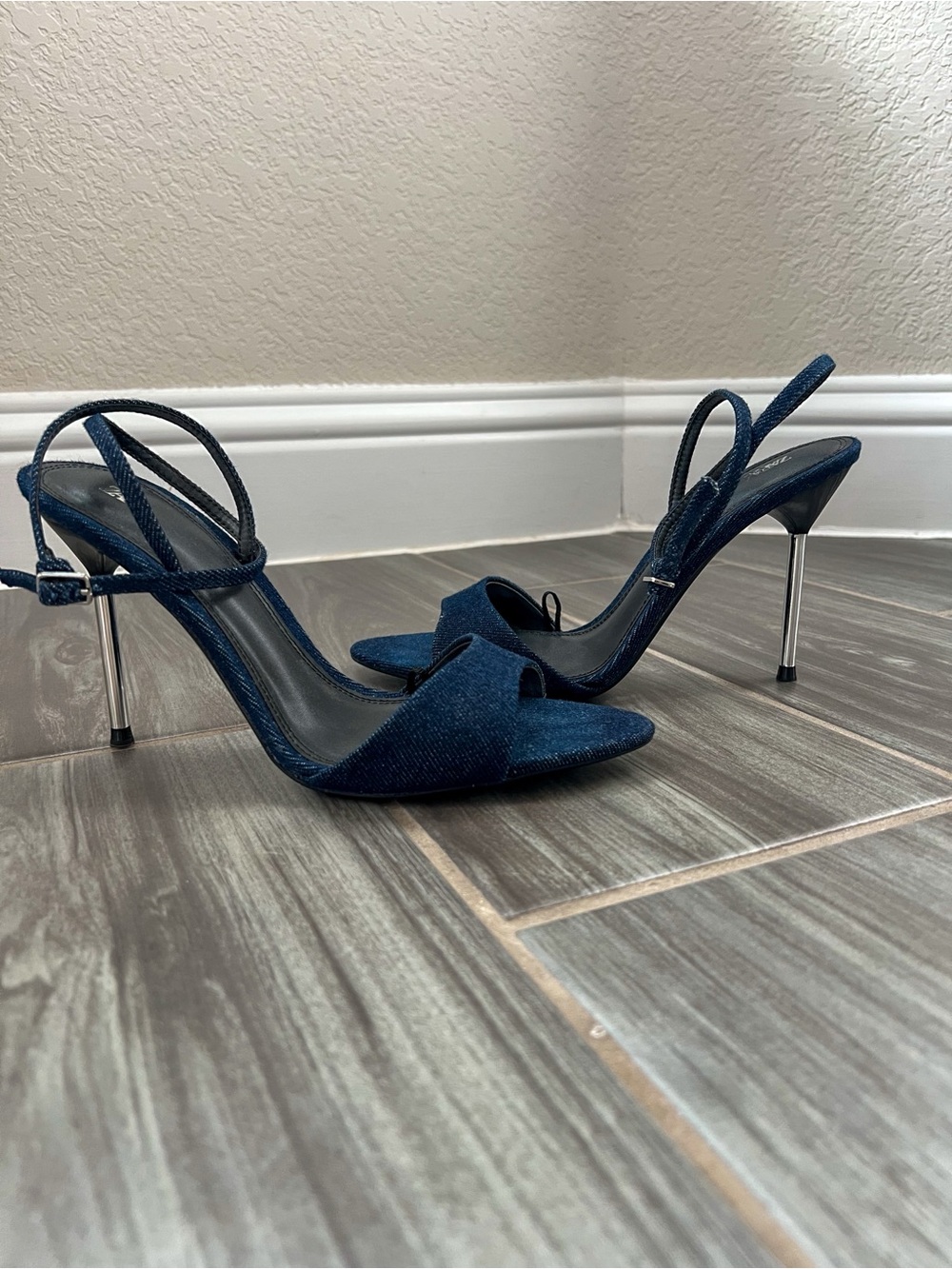 ZARA Denim High-Heeled Sandals Metallic Stiletto Blue EU 39 NWOT